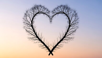 Heartshaped tree silhouette at sunset in nature landscape