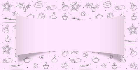 Spa and wellness concept in pink. Pattern with Spa and wellness icons design. Text space. Chinese massage, Thai massage. Wellness massage. Relaxation. Vector for your design. EPS10.