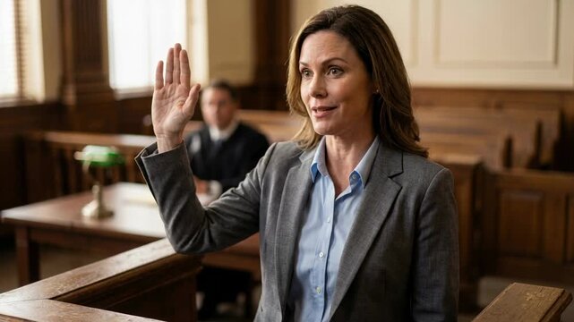 Confident female witness taking oath in courtroom before judge, raising hand and speaking during formal legal testimony on witness stand