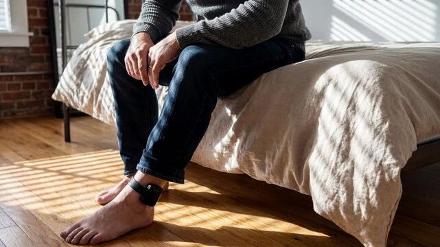 man sitting on edge of bed with ankle monitor in sunlit bedroom, facing legal consequences and feelings of confinement at home