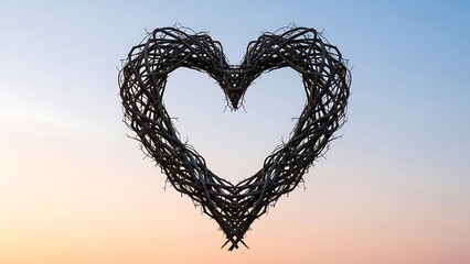 Heartshaped twig wreath against sunset sky backdrop