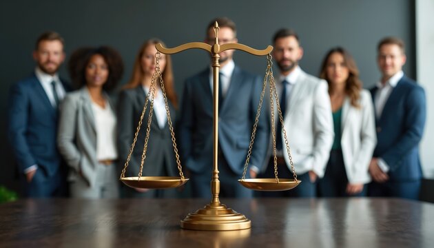 Diverse group of legal professionals stands behind golden scales of justice. Team of lawyers and business people in suits convey confidence and success in court. Represents law fairness equality.