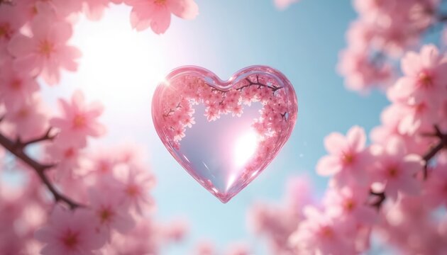 Glass heart filled with pink cherry blossoms floats against a bright blue sky. Soft pink sakura flowers surround the heart, suggesting love and spring romance.