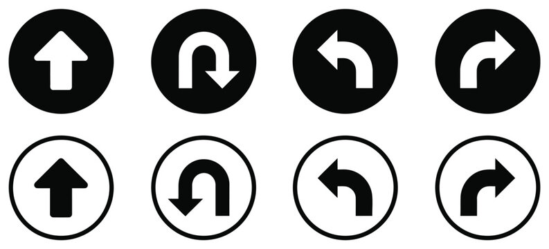 Go straight, U-turn left and right black and white arrow round circle traffic sign icon set
