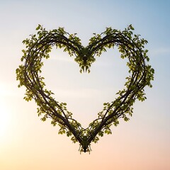 Heartshaped wreath with green leaves against clear sky