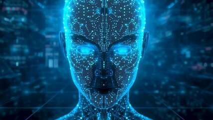 Artificial intelligence human face formed by glowing blue data points with neural patterns, digital cognition concept and advanced machine learning visualization - Powered by Adobe