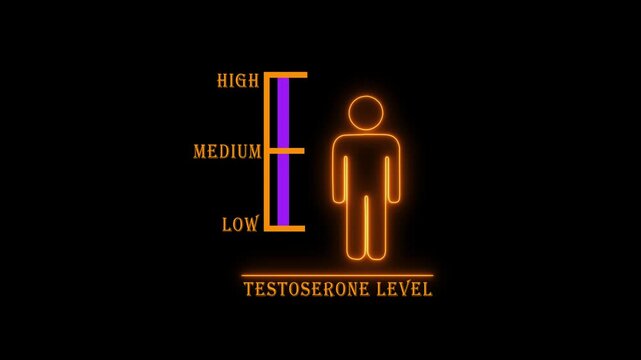 Neon silhouette of a person with a bar graph indicating low testosterone level on a dark background hormone chart