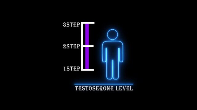 Neon outline of a person with a bar graph indicating low testosterone level on a dark background hormone chart
