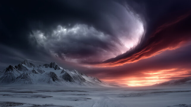 Title: Dramatic Storm Cloud Swirl Over Frozen Mountain Landscape at Sunset with Red Horizon - Powered by Adobe