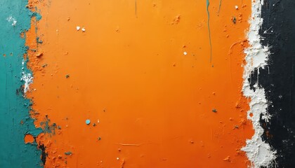 Bright orange surface with rough texture and scratches. Teal and black paint splatters and peeling layers add grunge effect. Abstract, modern, weathered.