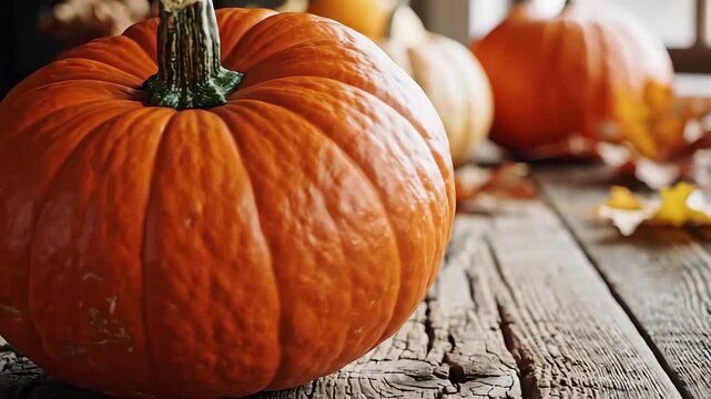Close up of a bright orange pumpkin on a rustic wooden table with autumn leaves scattered around.