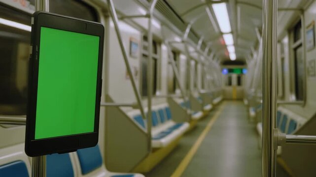 E-reader with Green Screen Display on Subway Seat