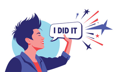 Stylized illustration of a happy person with a mohawk hairstyle celebrating success while holding a speech bubble saying I did it.