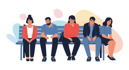 Obraz premium Diverse group of people sitting together on a bench with different facial expressions and body language in a minimalist style.