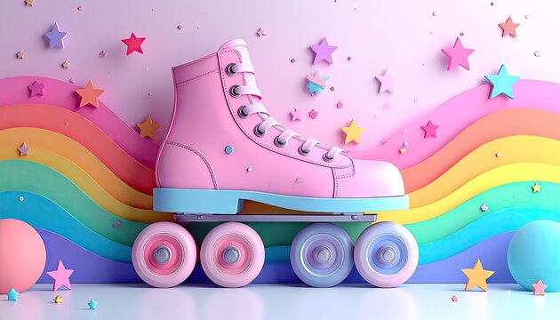 Pink Roller Skate with Rainbow Background