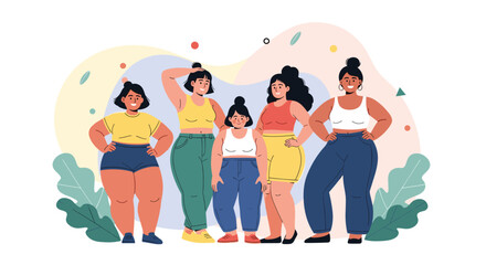 Group of diverse women of different body types and ethnicities standing together promoting body positivity and self acceptance.