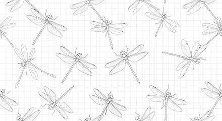 Vintage style pattern of hand drawn dragonflies on technical grid paper background for scientific research and illustration.