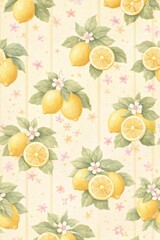 Watercolor lemon pattern with leaves on pastel background