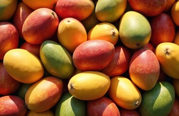 Pile of ripe mangos in assorted colors like yellow, red, green. Fresh exotic fruits piled high, suggesting market stall harvest display. Juicy tropical produce ready for eating. Sweet fruits look