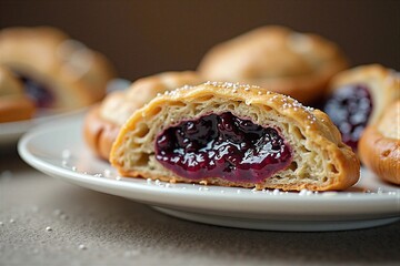 Delicious freshly baked pastry filled with rich berry jam on white plate