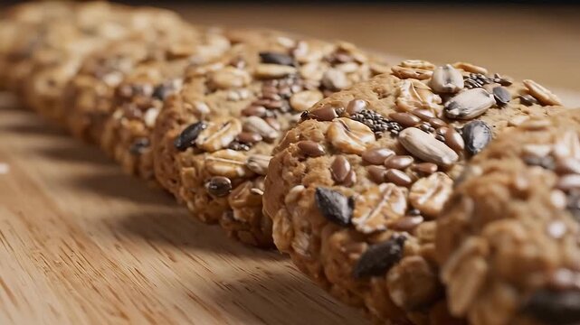 Closeup of a row of homemade granola bars with various seeds and oats on a wooden surface healthy snack concept.