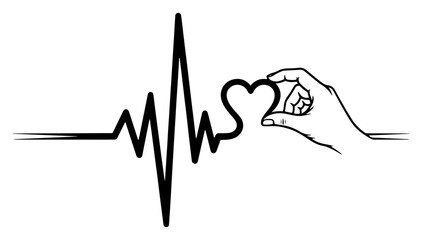 Heartbeat Line with Hand Pinching Heart Vector &ndash; Medical ECG Love Symbol Silhouette for Nursing Logo, Wedding Invitation or Valentine Design
