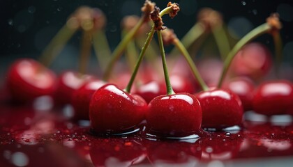 Several fresh cherries with stems sit in clear liquid with water droplets. The juicy red fruit glistens with water droplets scattered around the pile.