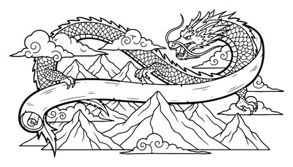 Oriental Dragon over Mountain Landscape Vector &ndash; Majestic Chinese Serpent Flying Above Peaks and Clouds, Detailed Line Art for Mythical Fantasy Design