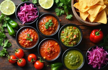 Assortment of colorful Mexican salsas served in small bowls on rustic wood table. Fresh ingredients like tomatoes lime cilantro jalapenos and onions surround the dips with tortilla chips nearby.