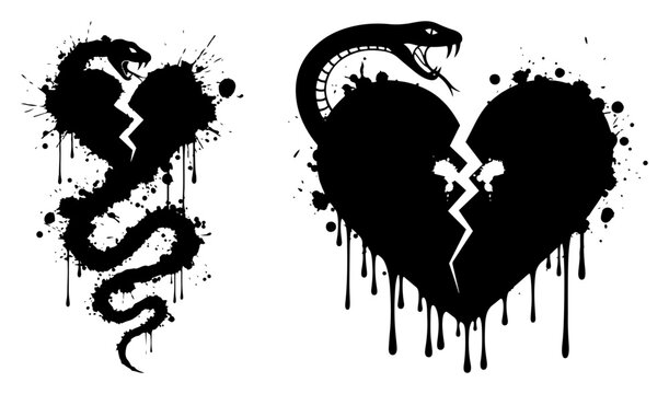 Broken Heart with Venomous Snake Vector &ndash; Grunge Dripping Love Symbol Silhouette, Perfect for Dark Romance Tattoo or Metal Album Design