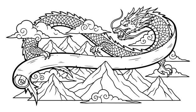 Oriental Dragon over Mountain Landscape Vector &ndash; Majestic Chinese Serpent Flying Above Peaks and Clouds, Detailed Line Art for Mythical Fantasy Design