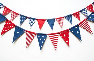 Fototapeta premium Red white, blue bunting hangs on white background for patriotic celebration. Festive pennant banners feature stars stripes, polka dots creating cheerful holiday atmosphere. Decorative string lights