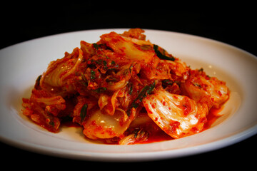 Close-up photograph of Korean kimchi featuring fermented cabbage with traditional seasonings, showcasing Korean culinary tradition, healthy fermented foods and table arrangement.