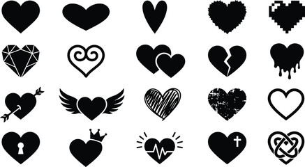 Fototapeta premium Collection of abstract heart symbols. Vector black love icons including geometric, pixelated, dripping, and winged hearts for trendy design.