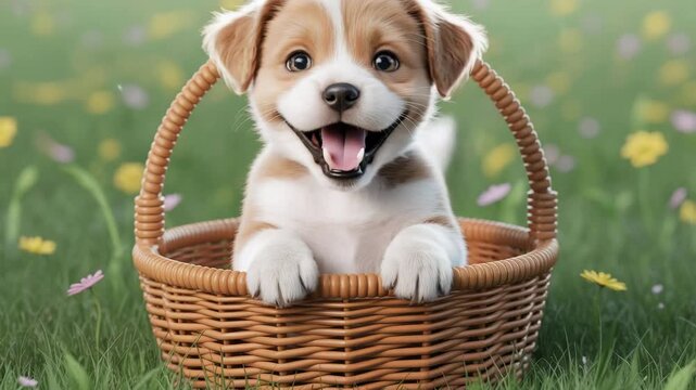 Adorable cute puppy cartoon peeking from wicker basket with smile