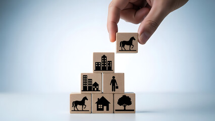 Wooden blocks stacked in a pyramid with human and animal silhouettes