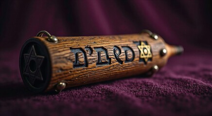 Wooden mezuzah with star of david and hebrew inscription on purple fabric