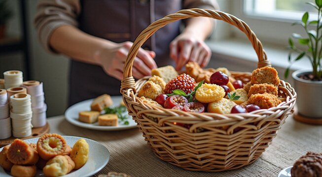 Basket of assorted baked goods and fruits with person arranging food on table - Powered by Adobe