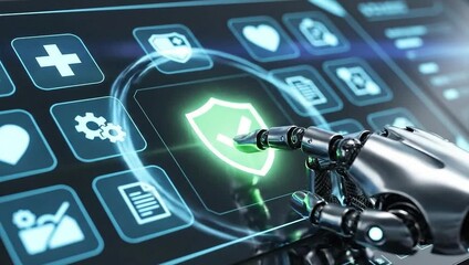 Robotic hand selecting security icon on digital interface - Powered by Adobe