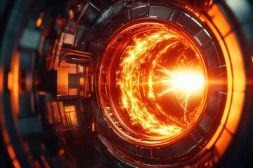Energy core generates intense heat and light within a futuristic machinery setting