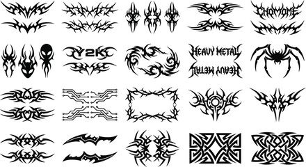 Set of tribal tattoo designs. Vector black abstract spider, scorpion, and symmetrical ornament icons for gothic style. © ArtMint