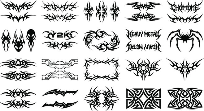 Set of tribal tattoo designs. Vector black abstract spider, scorpion, and symmetrical ornament icons for gothic style.