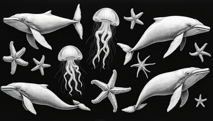Hand drawn whale, jellyfish, and starfish illustrations in monochrome style. Aquatic animals depicted on dark background. Marine life collection art for educational or decorative purposes.