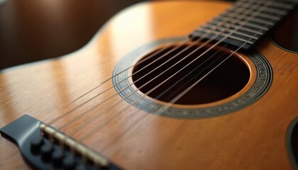 Obraz premium Close up of wooden acoustic guitar. Six strings stretch across body, fretboard. Polished wood reflects light beautifully. Sound hole with intricate rosette detail visible. Musical instrument for