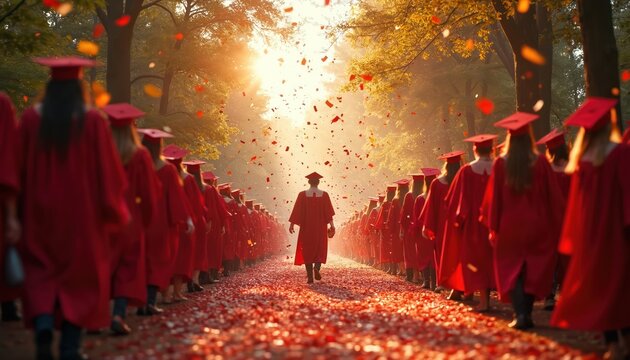Graduates in red robes and caps walk down a path with falling confetti. Students celebrate their academic achievement, happiness, and future success together.