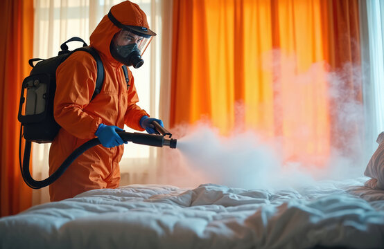 Pest control expert in protective suit steams mattress and bedding to kill bugs and eggs. Pro exterminator uses heat treatment for bed bug eradication in home bedroom.