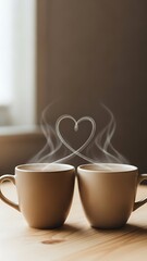 Two Coffee Cups with Heart Shaped Steam on Table