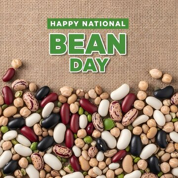 Here are 10 titles and 45 keywords for the provided image celebrating Happy National Bean Day.

Titles
Happy National Bean Day Graphic with Assorted Legumes

Variety of Dried Beans on Burlap Backgroun