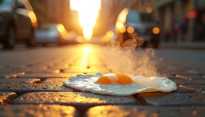 Fried egg cooks on hot city pavement under strong sun rays. Steam rises from food on street. Extreme heat waves affect urban environment during summertime.