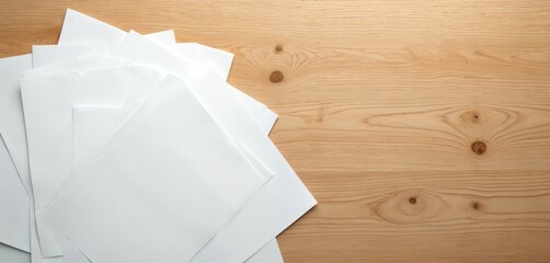 White paper sheets on a textured wooden table. Clean blank pages are scattered for notes writing or office tasks. Minimalist desk background with copy space.